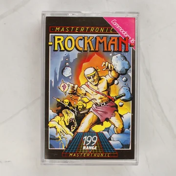 A Rockman videójáték Commodore 16-os verziójának kazettás kiadása a műanyag tokban, elölnézetből.