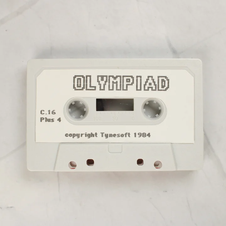 A szürke Olympiad játék kazetta a fehér papírcímkével