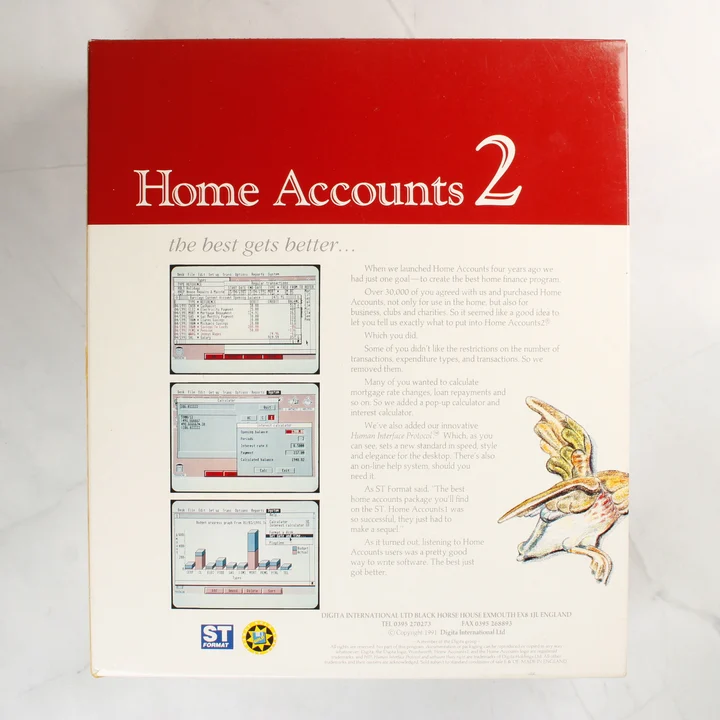 Home Accounts 2 szoftver dobozának hátoldala képernyőmentésekkel