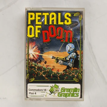 A Petals of Doom videójáték előlapi borítója a műanyag tokban, Commodore 16 és Plus 4 platformra