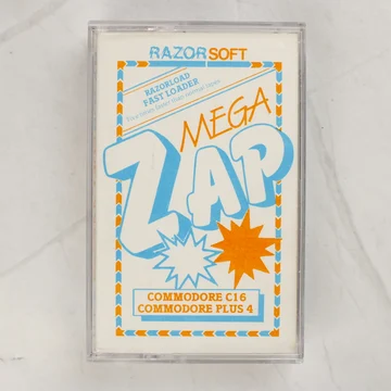 Mega Zap videójáték kazetta tokban, elölnézetből