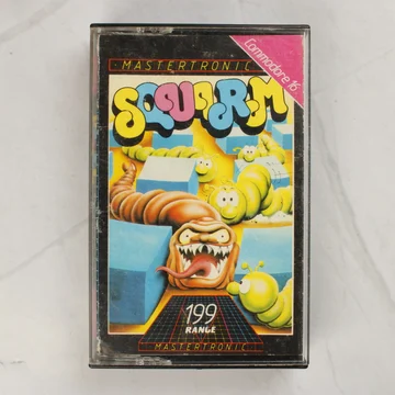 A Squirm Commodore 16 játék kazettás tokjának előlapja színes hernyós grafikával