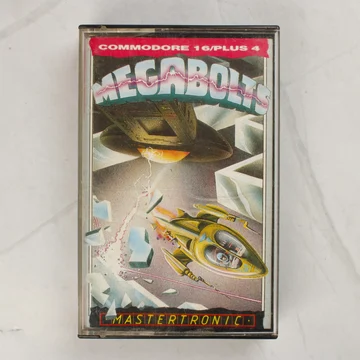A Megabolts videójáték előlapja műanyag tokban, Commodore 16 és Plus 4 platformra