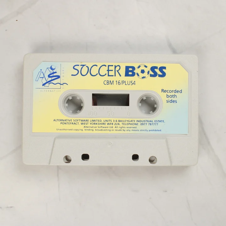 Soccer Boss Commodore 16 Plus 4 kazetta A Soccer Boss játék szürke kazettája színes címkével