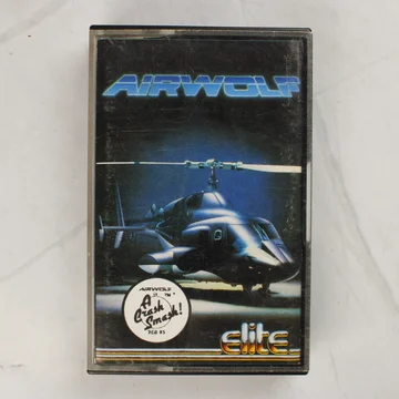 Az Airwolf Commodore 16 játék kazetta tokjának előlapja a helikopteres grafikával