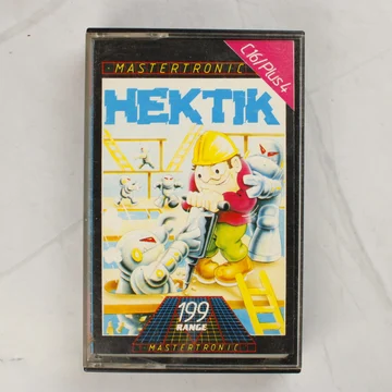 A Hektik videójáték előlapi borítója a műanyag tokban, C16 és Plus/4 jelzéssel