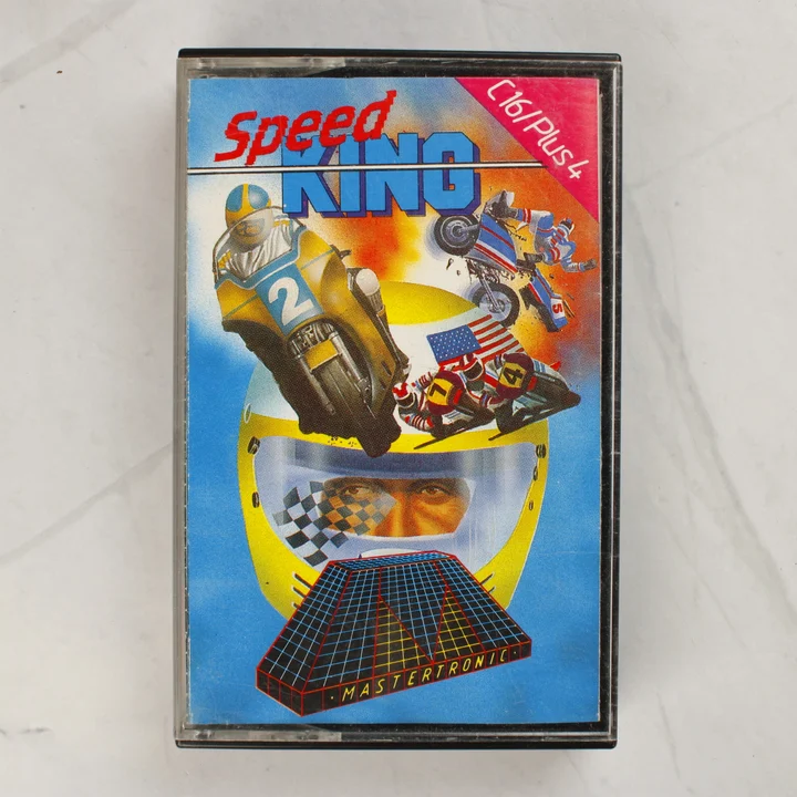 A Speed King videójáték színes borítója a műanyag tokban, Commodore 16 és Plus 4 platformra