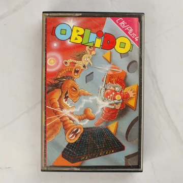 Az Oblido videójáték színes borítója a műanyag tokban, Commodore 16 és Plus/4 platformra