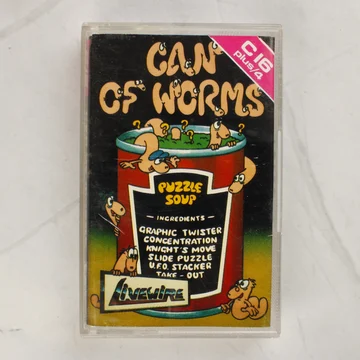 Can of Worms Commodore 16 játék kazetta tokban, elölnézetből