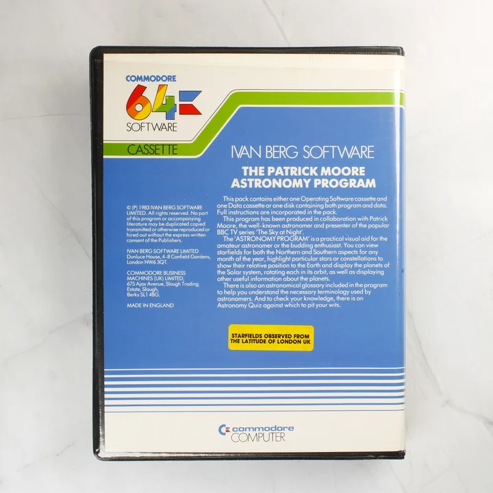 The Patrick Moore Astronomy Program C64 hátlap The Patrick Moore Astronomy Program Commodore 64 szoftver tokja hátulról