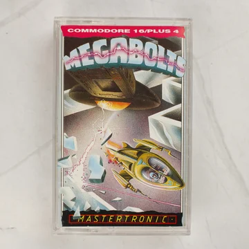 A Megabolts videójáték előlapi borítója a műanyag tokban, Commodore 16 és Plus 4 platformra.