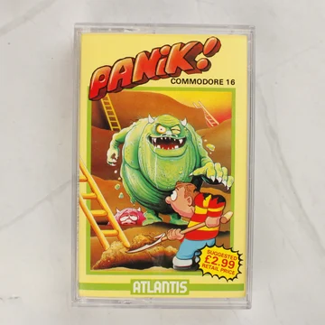A Panik! videójáték Commodore 16-os kiadásának előlapja az eredeti műanyag tokban