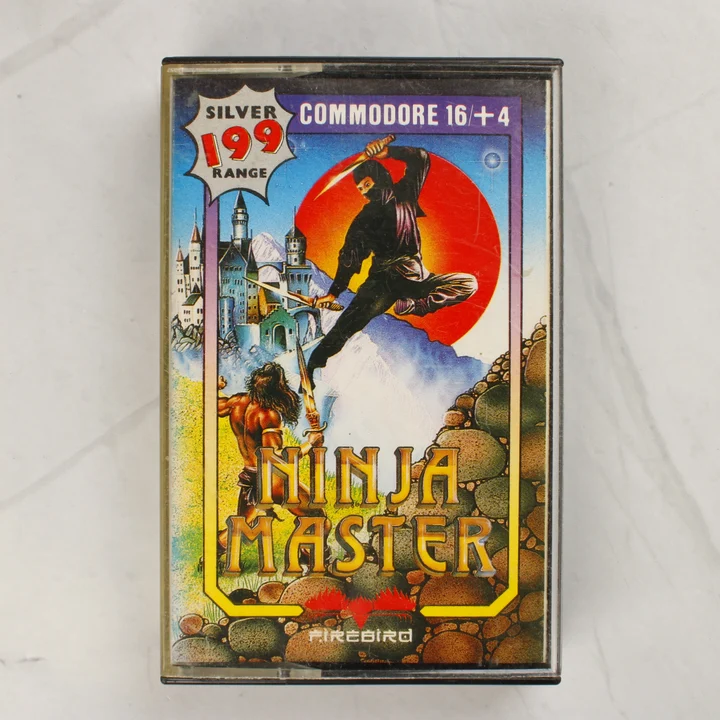 A Ninja Master videójáték előlapi borítója a műanyag tokban, Commodore 16 és Plus/4 platformra