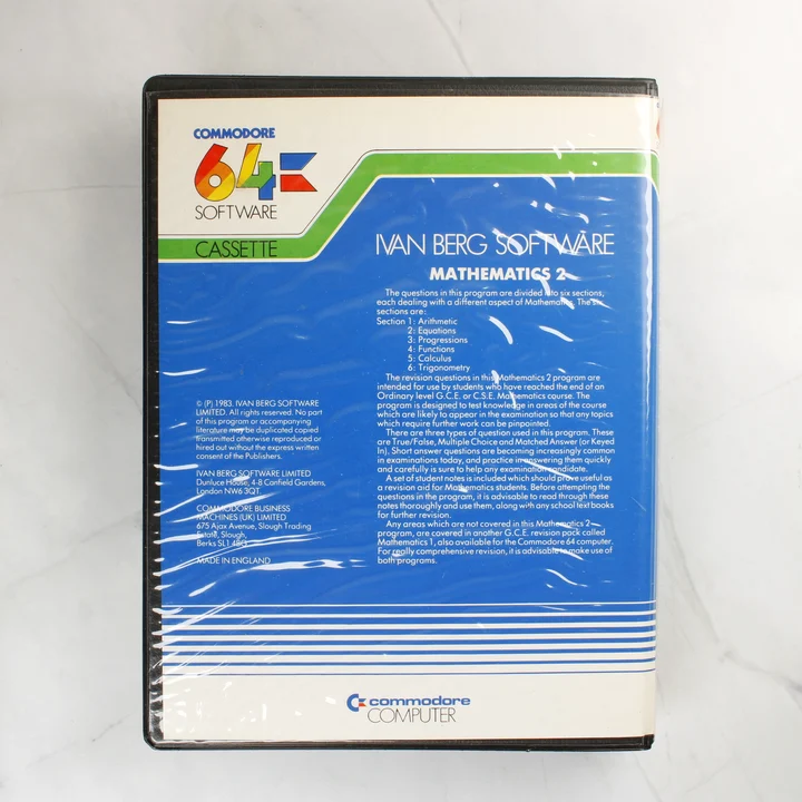 Mathematics 2 hátoldal Commodore 64 Mathematics 2 szoftver tokja hátulról