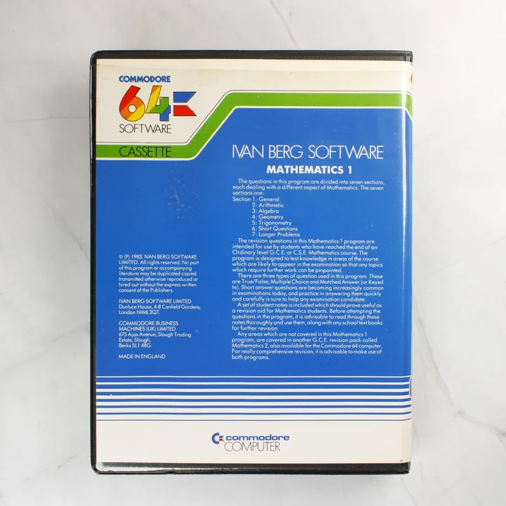 Mathematics 1 C64 hátlap Mathematics 1 Commodore 64 szoftver tokjának hátlapja leírással