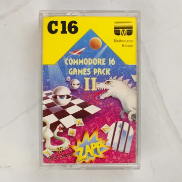 A Commodore 16 Games Pack II videójáték-gyűjtemény műanyag tokos elölnézete a színes papírborítóval
