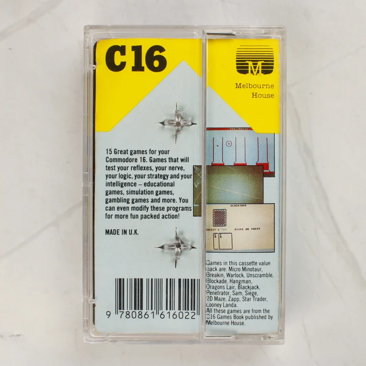 A Commodore 16 Games Pack I játékgyűjtemény hátlapja a vonalkóddal