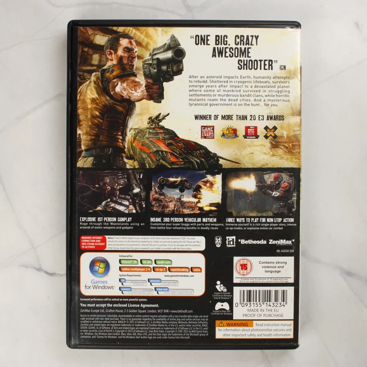 RAGE Anarchy Edition Games for Windows PC videójáték dobozának hátoldala