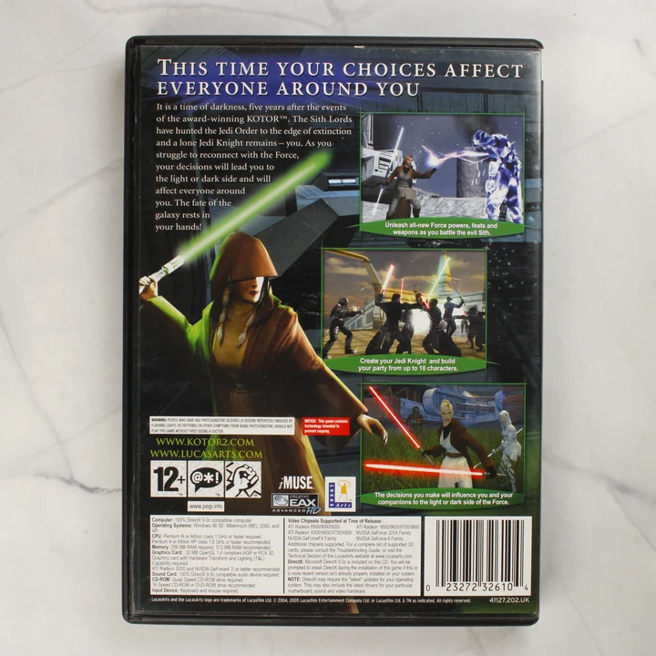 Star Wars Knights of the Old Republic II PC videójáték tok hátoldala leírással és gépigénnyel
