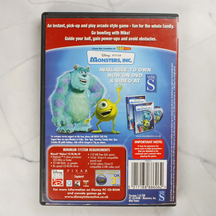 Monsters, Inc. Scream Alley PC játék tok hátlap A Monsters, Inc. Scream Alley PC CD-ROM videójáték tokja hátulról, rendszerkövetelményekkel