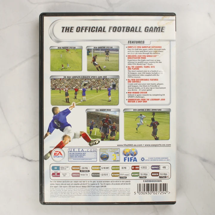 FIFA Football 2002 PC videójáték tokjának hátoldala gépigénnyel