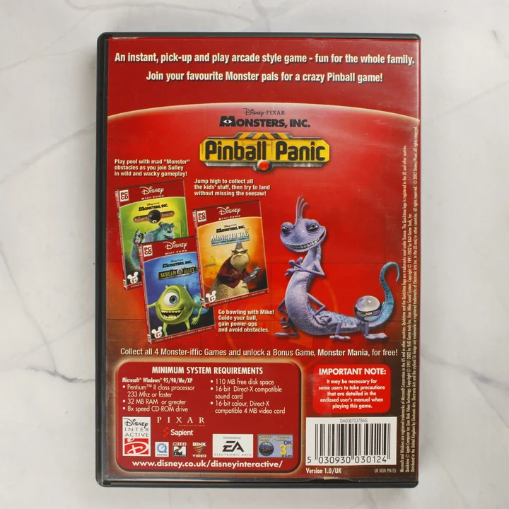 Monsters, Inc. Pinball Panic PC játék hátlapja Disney Pixar Monsters, Inc. Pinball Panic PC videójáték tokjának hátoldala a rendszerkövetelményekkel