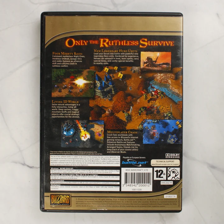 Warcraft III Reign of Chaos tok hátoldala Warcraft III Reign of Chaos videójáték műanyag tokjának hátoldala a rendszerkövetelményekkel