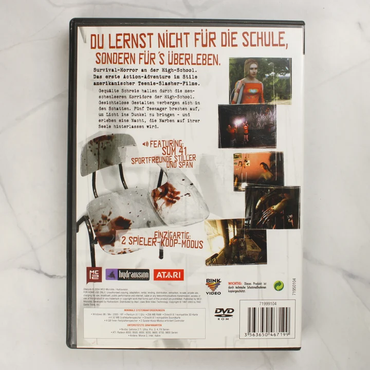Obscure PC videójáték tokjának hátoldala a leírással és vonalkóddal