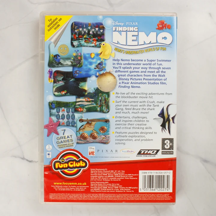 Finding Nemo PC játék hátoldala Finding Nemo: Nemo's Underwater World of Fun PC/Mac videójáték tokjának hátoldala