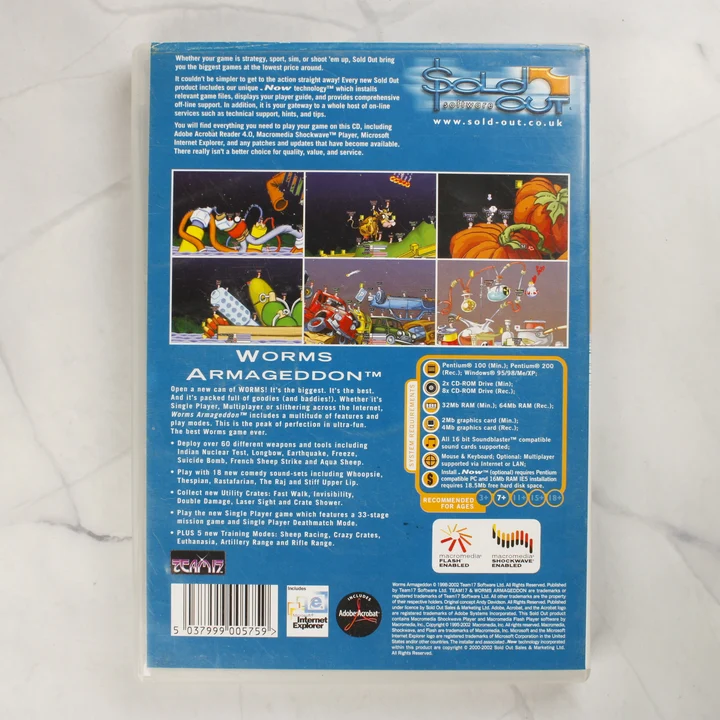 Worms Armageddon PC videójáték hátoldala A Worms Armageddon PC videójáték hátoldala a rendszerkövetelményekkel és képernyőképekkel