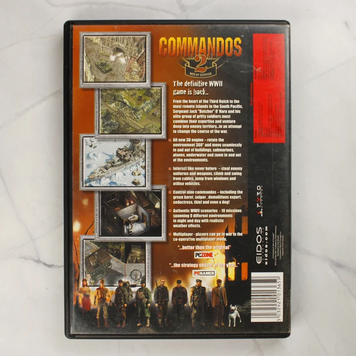 Commandos 2: Men of Courage PC videójáték tokjának hátoldala a leírással és vonalkóddal