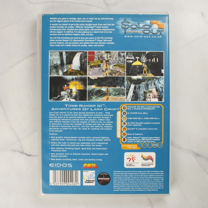 Tomb Raider III PC játék hátoldala Tomb Raider III PC CD-ROM videójáték tokjának hátoldala leírással és képernyőképekkel