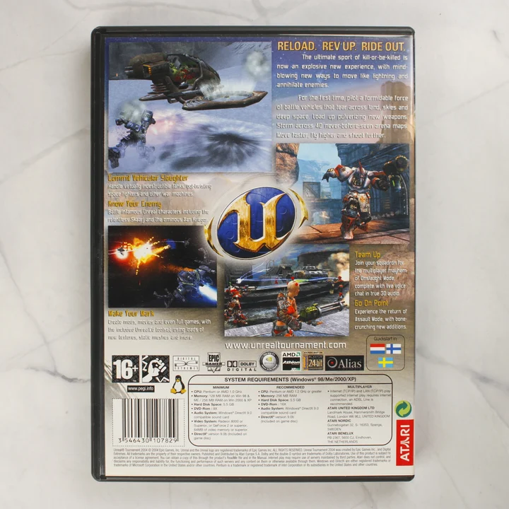 Unreal Tournament 2004 PC tok hátlapja Unreal Tournament 2004 PC videójáték műanyag tokjának hátoldala a rendszerkövetelményekkel