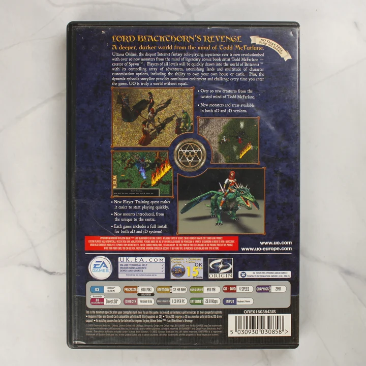 Ultima Online Lord Blackthorns Revenge PC tok hátlap Ultima Online Lord Blackthorns Revenge PC játék tokjának hátoldala a rendszerkövetelményekkel