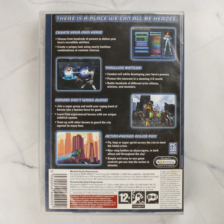 City of Heroes PC játék hátlapja City of Heroes PC videójáték dobozának hátoldala a rendszerkövetelményekkel