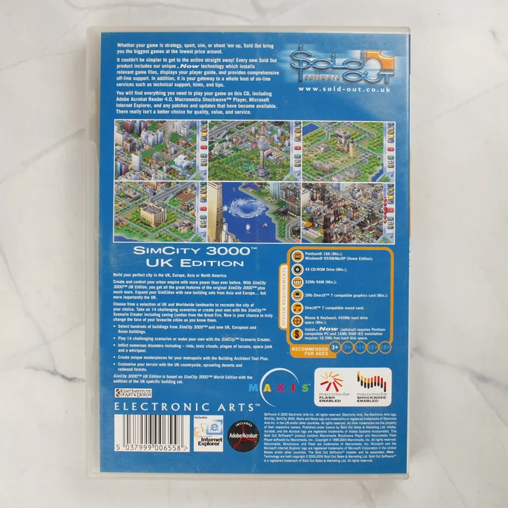 SimCity 3000 UK Edition PC videójáték hátlap SimCity 3000 UK Edition PC videójáték hátsó borítója leírással és rendszerkövetelményekkel