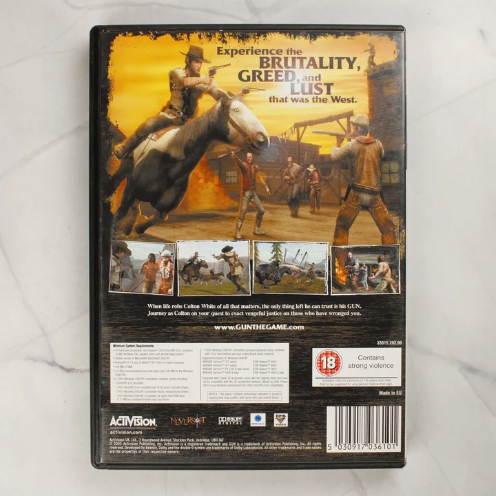Gun PC játék hátlap Gun PC DVD-ROM videójáték tokjának hátoldala leírással és rendszerkövetelményekkel