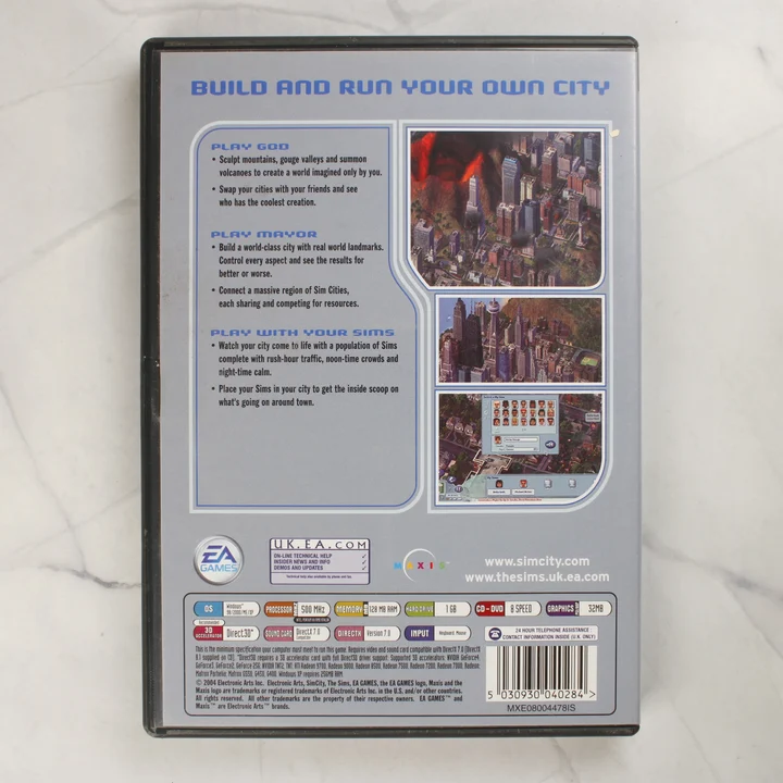 SimCity 4 EA Classics PC videójáték dobozának hátlapja leírással és rendszerkövetelményekkel