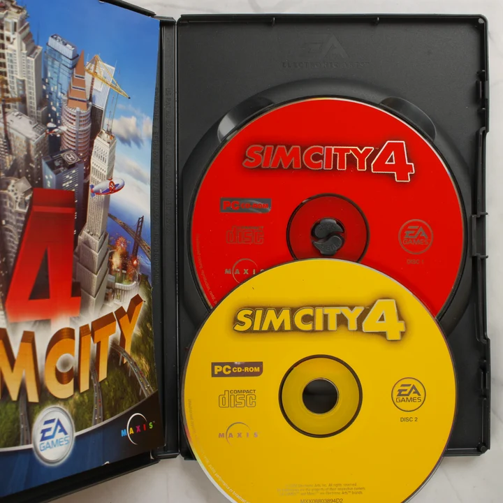 SimCity 4 kinyitott műanyag tok 2 darab CD-ROM lemezzel és a füzettel