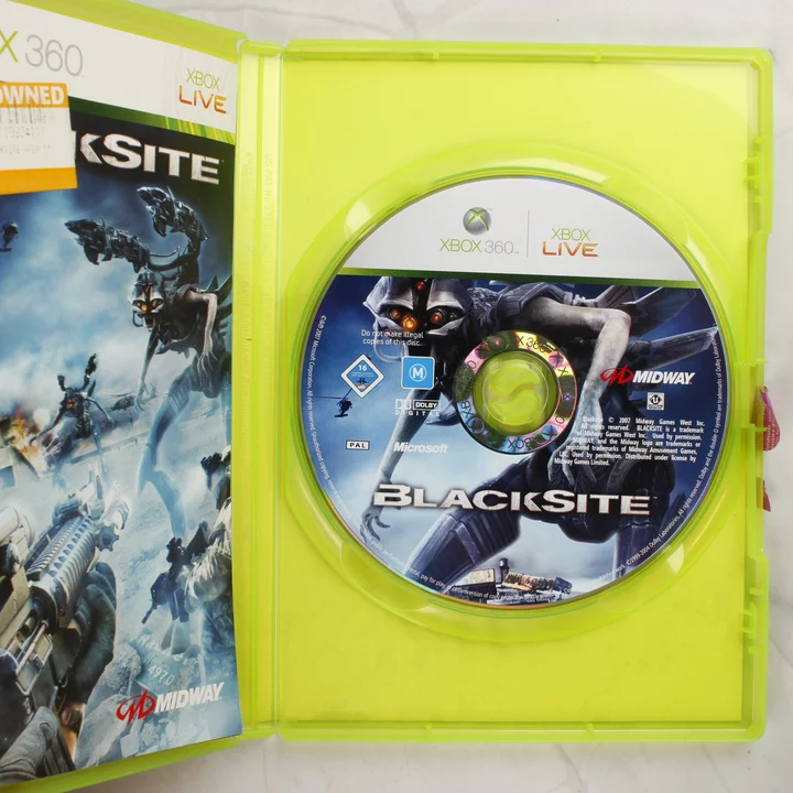 BlackSite Xbox 360 nyitott doboz játéklemezzel és kézikönyvvel