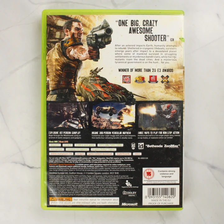Rage Xbox 360 játék hátlapja Rage Xbox 360 videójáték doboza hátulról