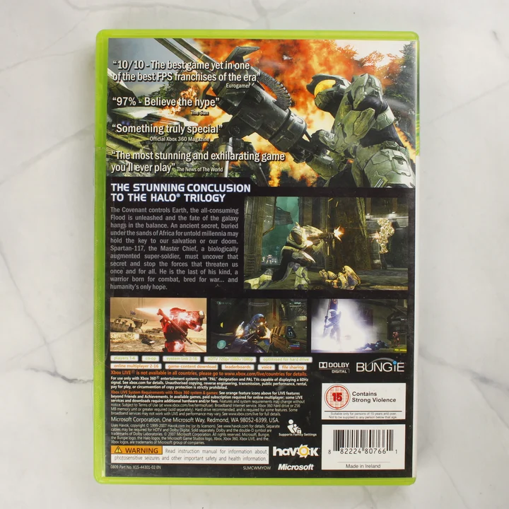 Halo 3 Xbox 360 Classics hátoldal Halo 3 Xbox 360 Classics videójáték tokjának hátoldala a játékinformációkkal és vonalkóddal