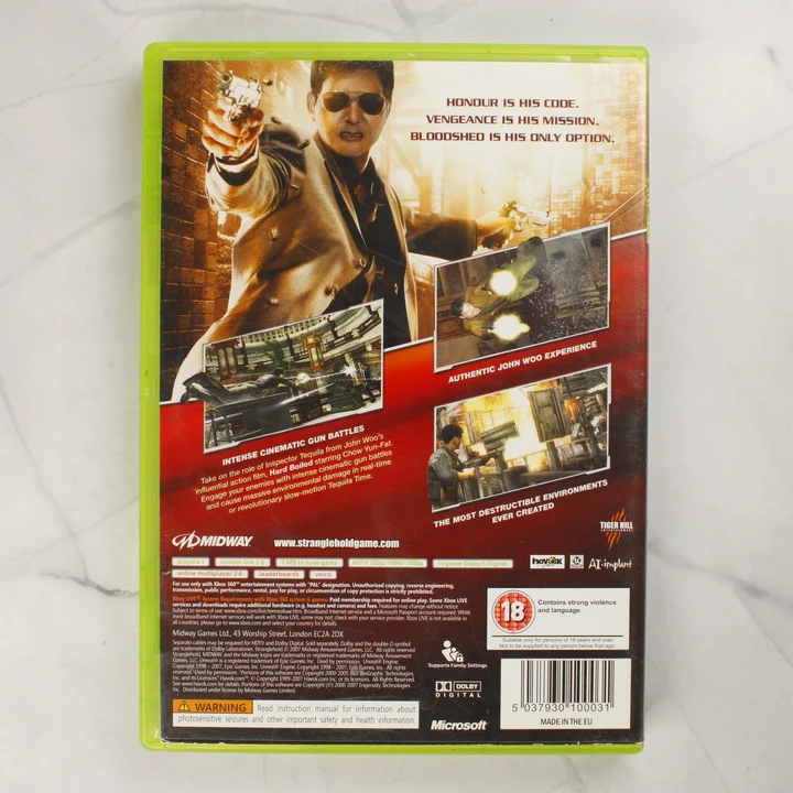Stranglehold Xbox 360 videójáték hátlapja a vonalkóddal és játékinformációkkal