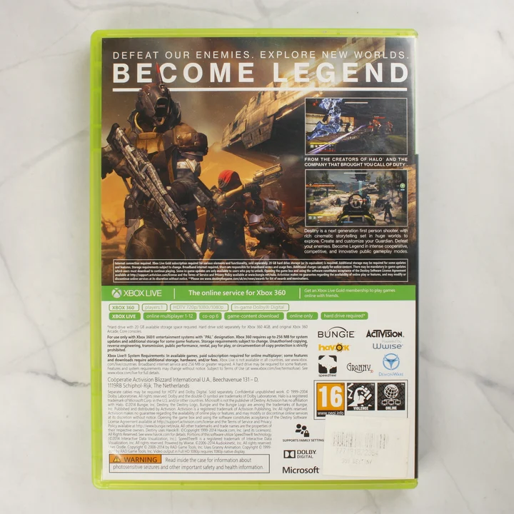 Destiny videójáték Xbox 360 kiadásának hátsó borítója a játék adataival