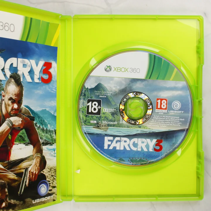 Far Cry 3 Xbox 360 videójáték lemez a nyitott zöld tokban