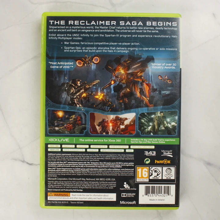 Halo 4 Xbox 360 videójáték tokjának hátoldala játékinformációkkal és vonalkóddal