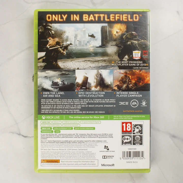 Battlefield 4 Xbox 360 hátlapi borító Battlefield 4 Xbox 360 videójáték tokja hátulról