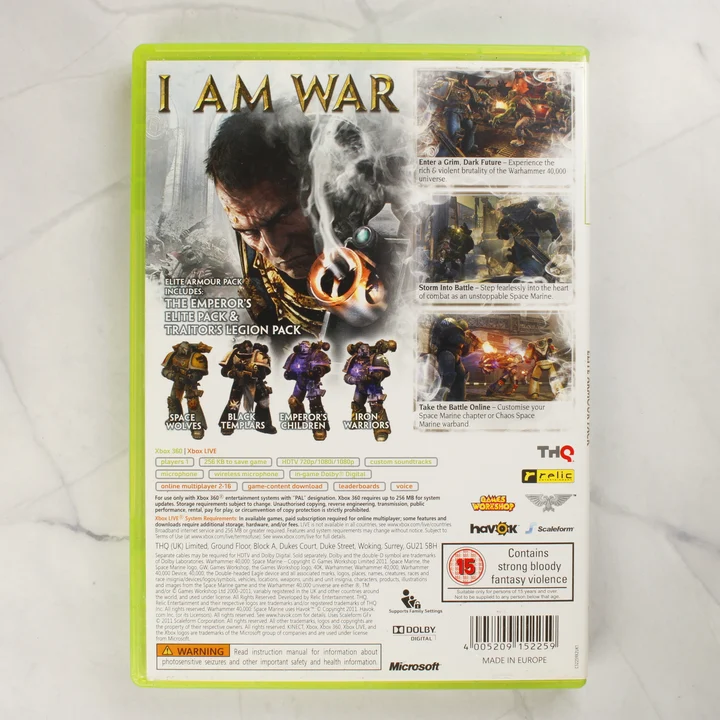 Warhammer 40,000 Space Marine Xbox 360 hátlap Warhammer 40,000 Space Marine Elite Armour Pack Xbox 360 videójáték tokjának hátoldala