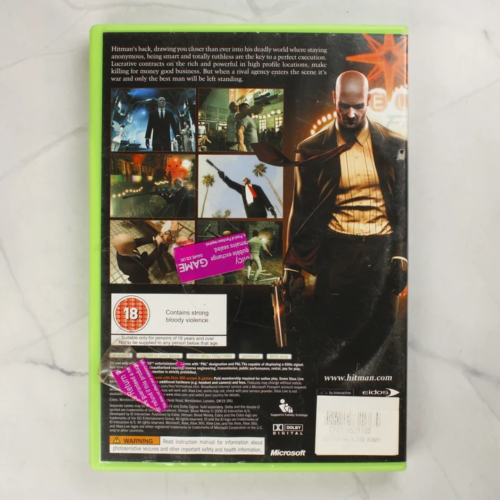 Hitman: Blood Money Xbox 360 videójáték tokjának hátoldala
