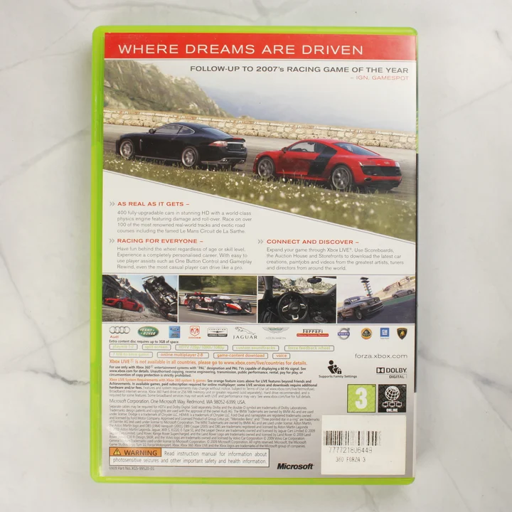 Forza Motorsport 3 Xbox 360 videójáték tokjának hátlapja
